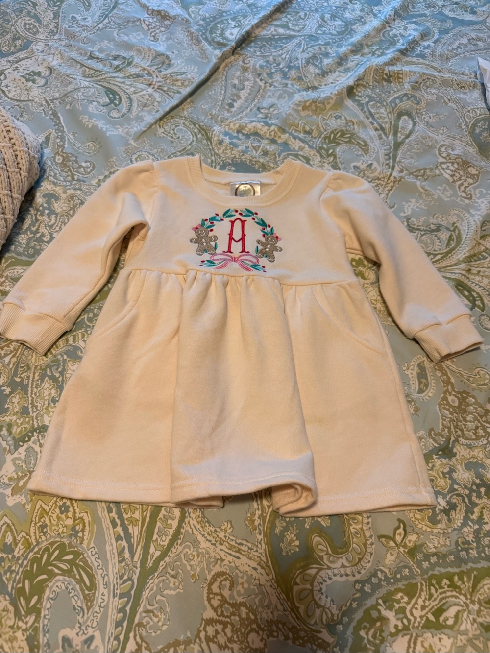 Christmas Gingerbread Sweatshirt Dress with Embroidered Monogram “A”